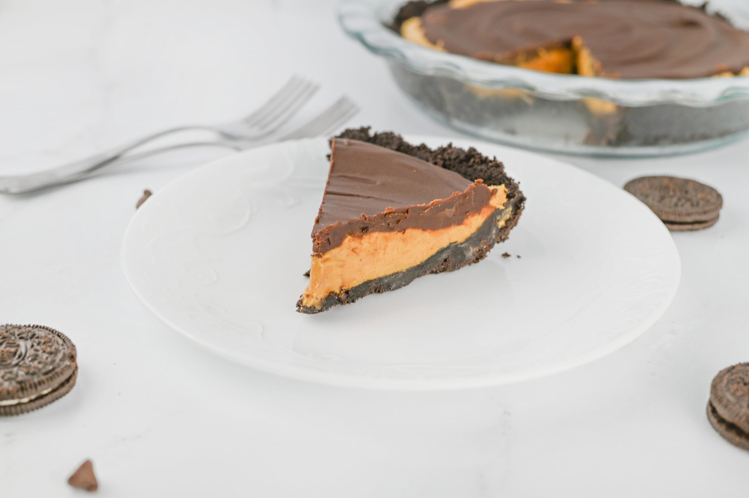Chocolate peanut butter pie slice.