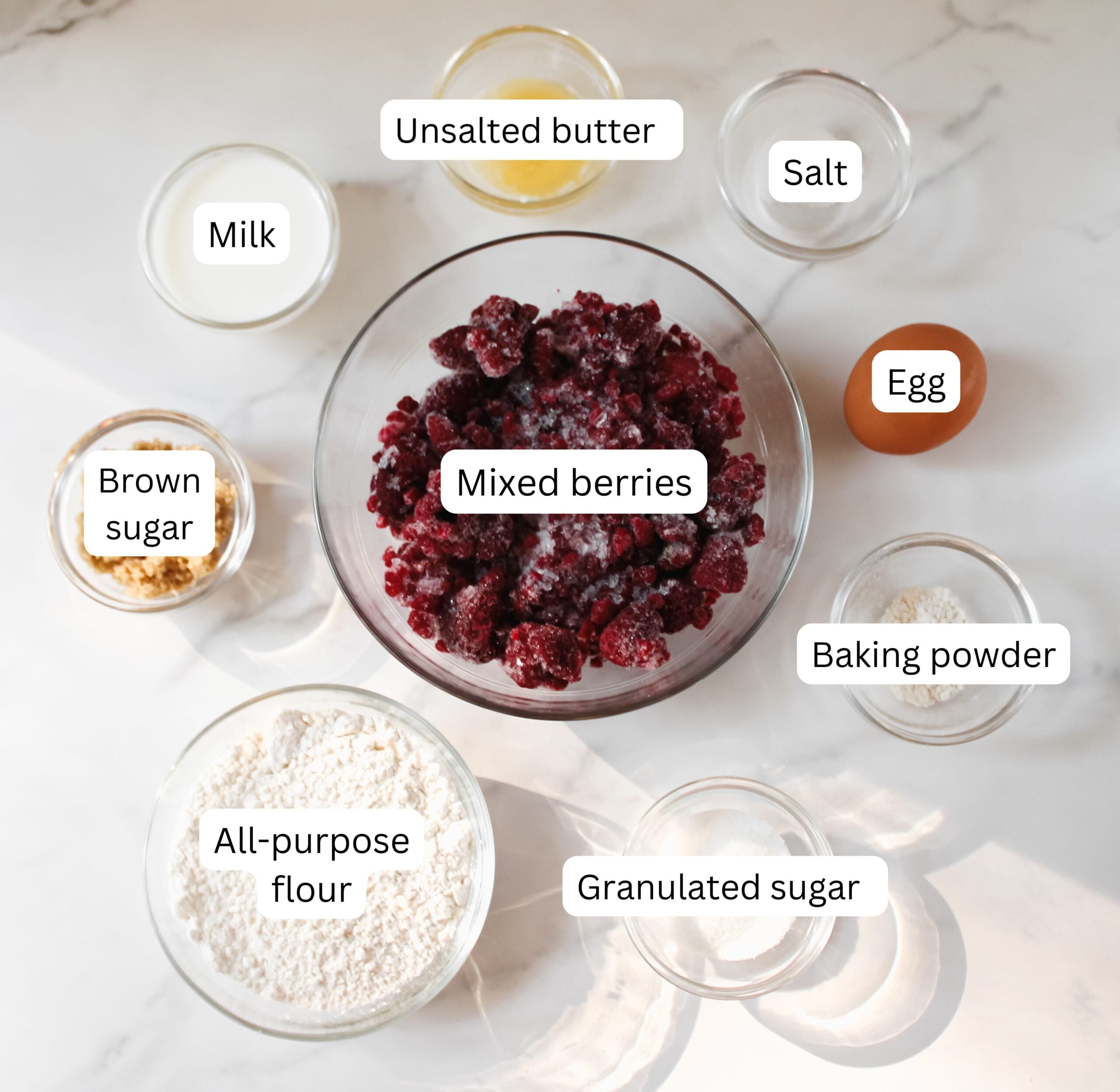 Ingredients list for mixed berry cobbler.