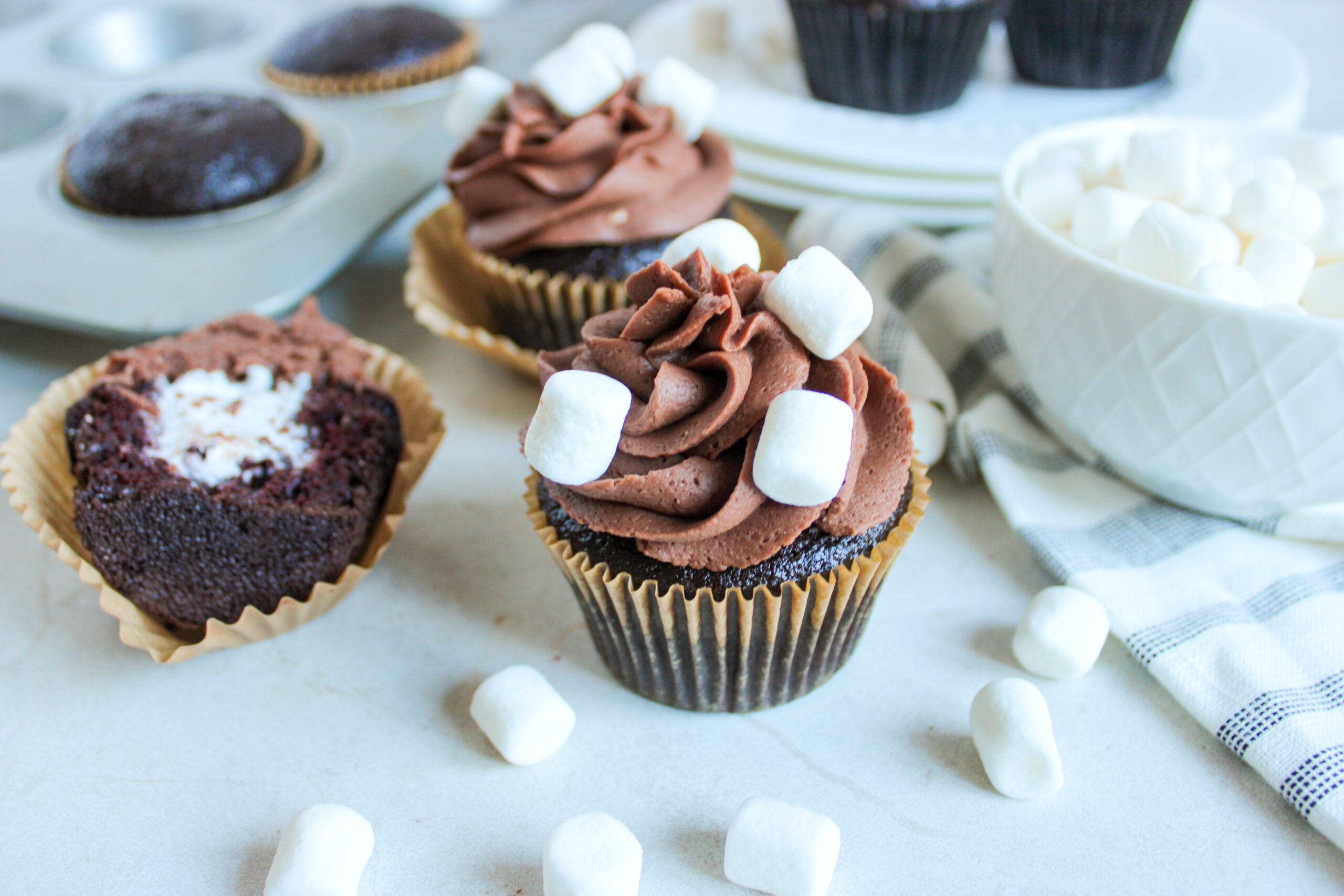 Hot Chocolate Cupcakes frosted with marshmallows.