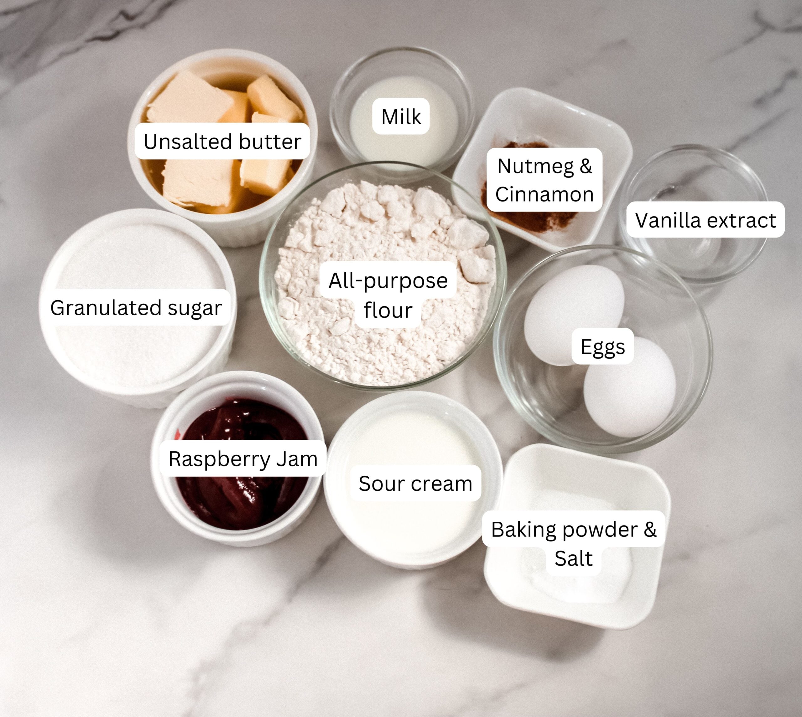 Ingredients of raspberry swirl bread.
