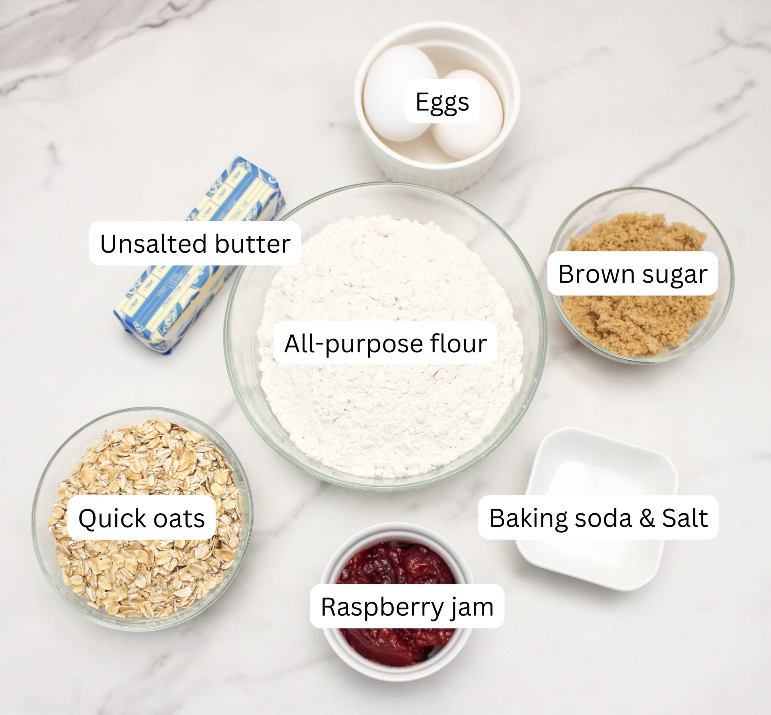 Ingredients to make Jam-Packed Raspberry Oat Bars (No Mixer Needed!)