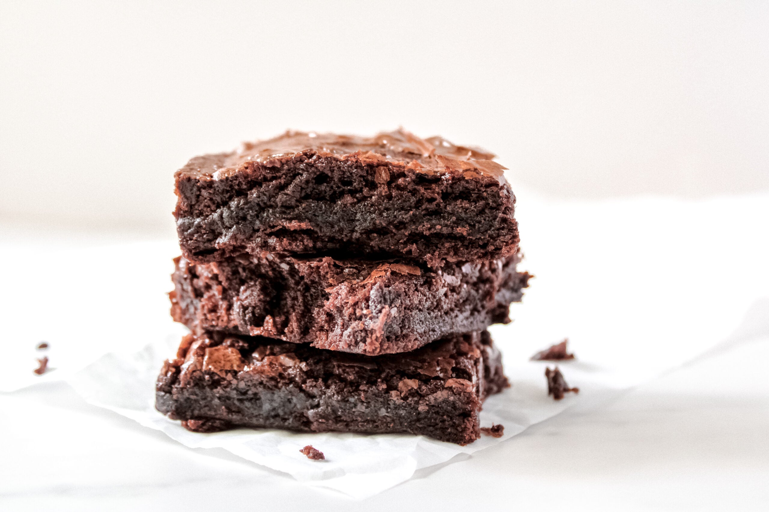 Fully baked fudgy brownies cut and stacked
