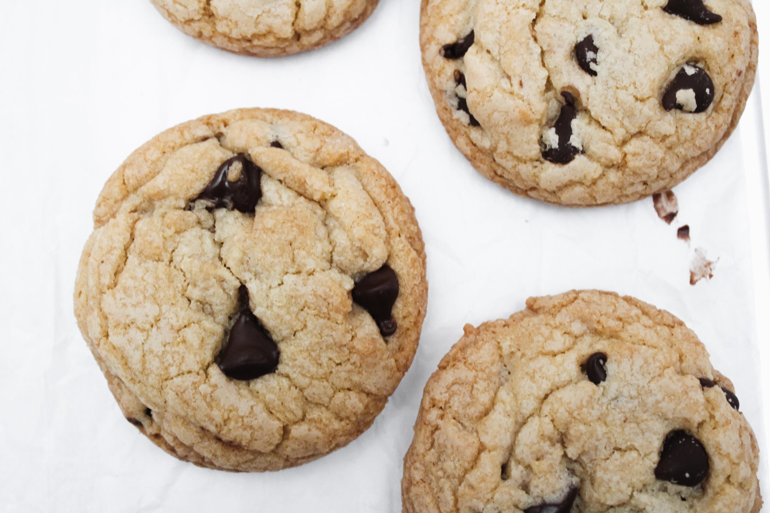 Fully baked chocolate chip cookies.