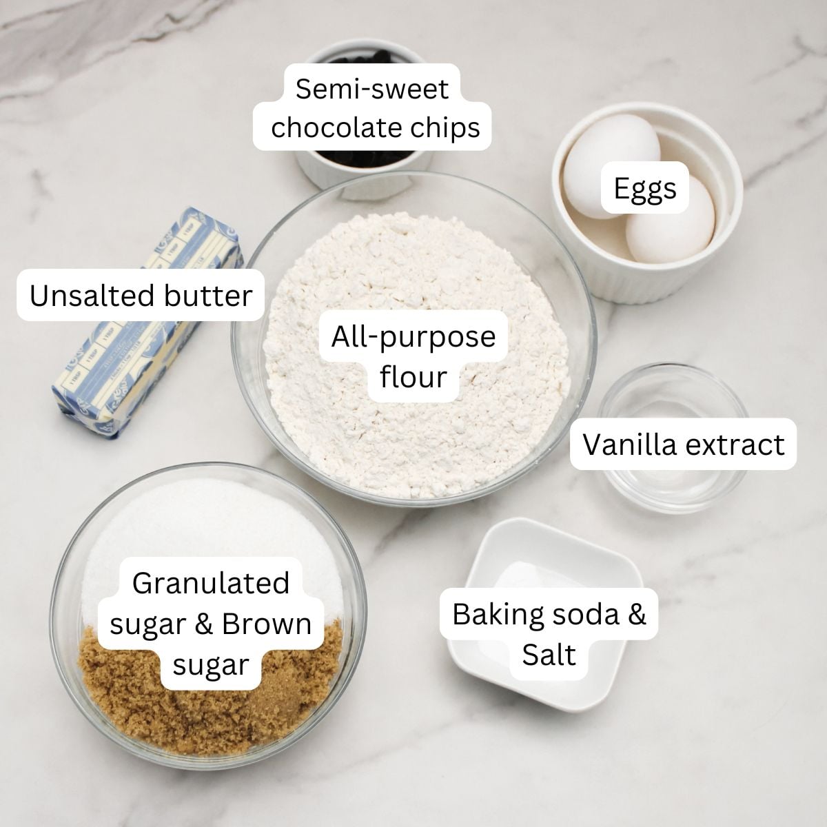 Chocolate chip cookie ingredients.