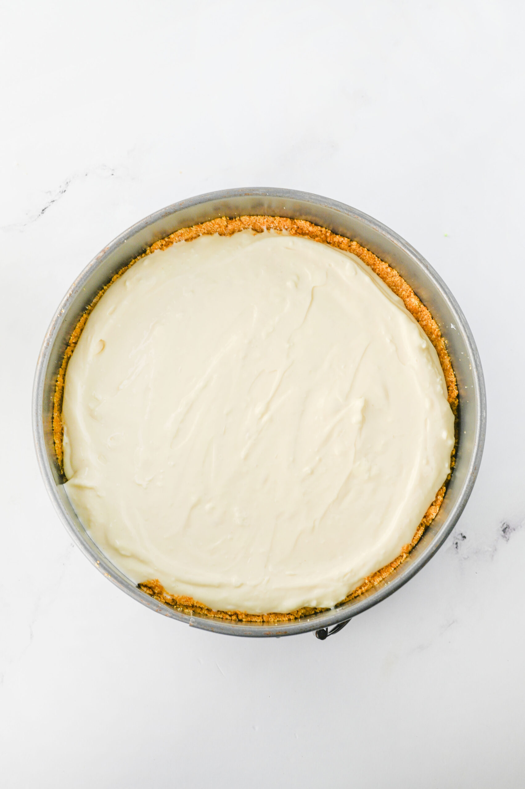 Fully prepared no-bake cheesecake in a spring form pan.